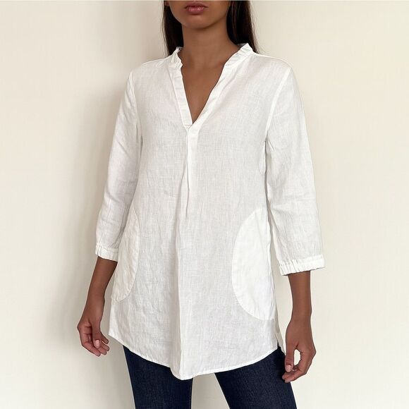 Cynthia Rowley Crisp Solid White Blouse 3/4 Quarter Sleeve 100% Linen V Neck M - Picture 1 of 10
